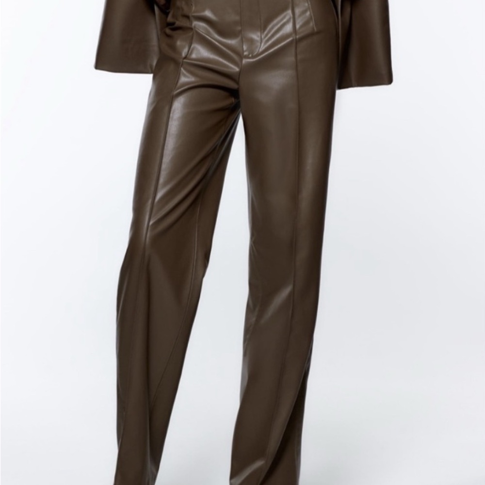 Zara Brown Faux Leather Straight Leg Pants Size Large
